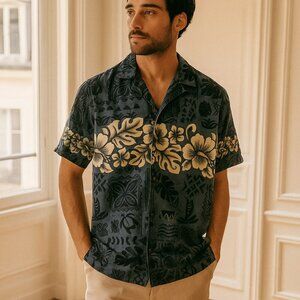 Hawaiian Togs Vintage Blue Floral Short Sleeve  Shirt Medium